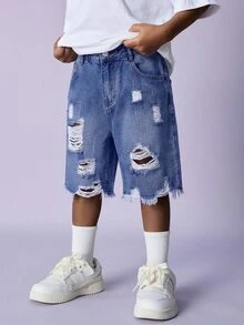 Pantalones cortos vaqueros cómodos con agujeros, estilo vintage y cool, con cortes y deshilachados, para niño preadolescente, para uso diario y festivales de primavera a verano, y streetwear - Azul lavado oscuro - Ver 4