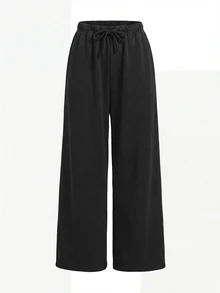 SHEIN 少女秋冬加绒加厚简约抽绳宽松运动直筒裤花卉灰色运动休闲裤，日常休闲穿着 - 黑色 - 查看 7