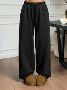 SHEIN 少女秋冬加绒加厚简约抽绳宽松运动直筒裤花卉灰色运动休闲裤，日常休闲穿着 - 黑色 - 查看 4
