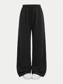 SHEIN 少女秋冬加绒加厚简约抽绳宽松运动直筒裤花卉灰色运动休闲裤，日常休闲穿着 - 黑色 - 查看 5
