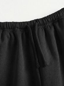 SHEIN 少女秋冬加绒加厚简约抽绳宽松运动直筒裤花卉灰色运动休闲裤，日常休闲穿着 - 黑色 - 查看 3