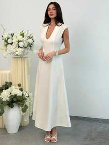 Aloruh Women's White Summer Elegant Vacation Holiday Dress, Deep V-Neck A-Line Silhouette,Formal Party Wedding Birthday Outfit, Casual Dress - Beige - View 2