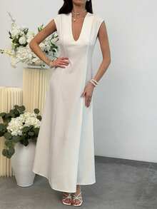 Aloruh Women's White Summer Elegant Vacation Holiday Dress, Deep V-Neck A-Line Silhouette,Formal Party Wedding Birthday Outfit, Casual Dress - Beige - View 6