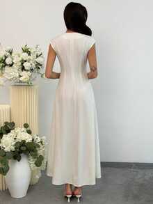 Aloruh Women's White Summer Elegant Vacation Holiday Dress, Deep V-Neck A-Line Silhouette,Formal Party Wedding Birthday Outfit, Casual Dress - Beige - View 3
