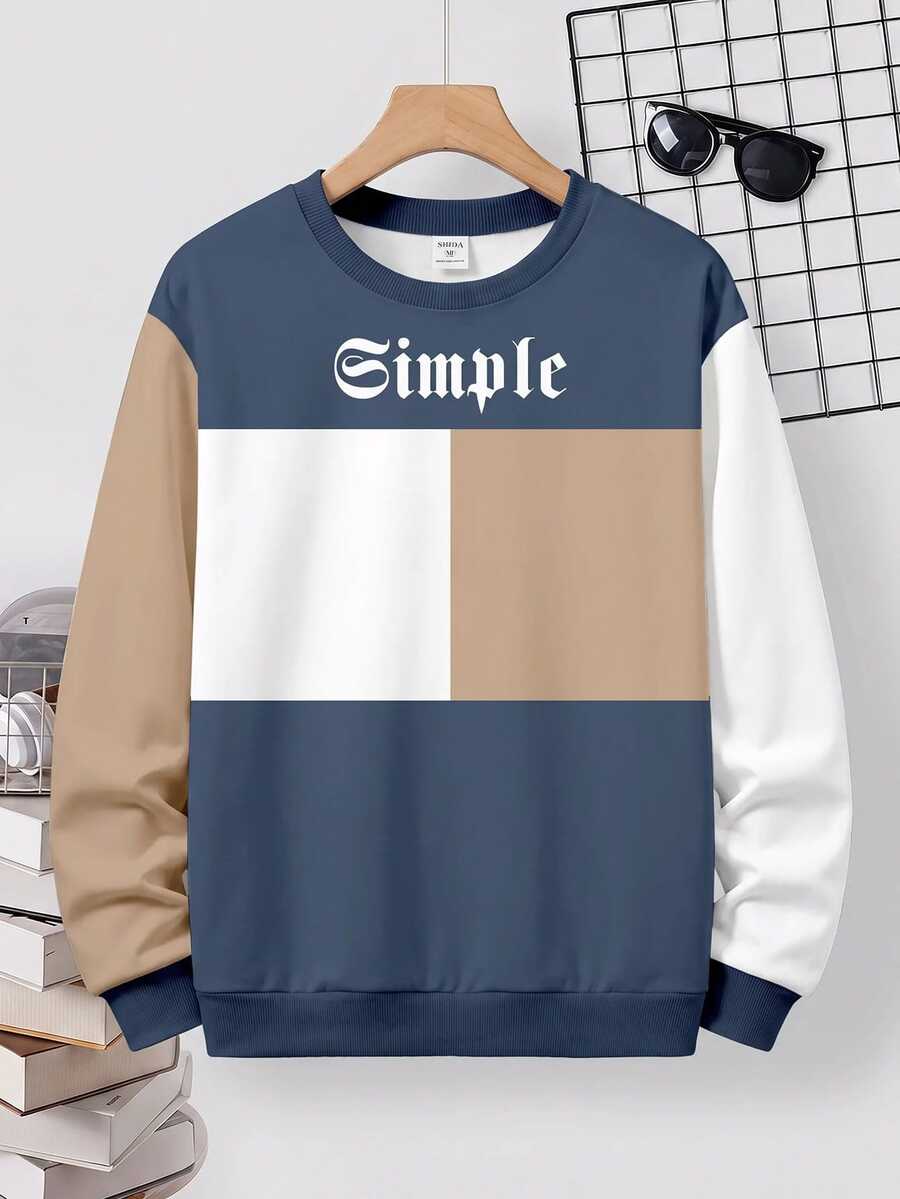 Tween Boy Casual Fashion Crew Neck Long Sleeve Sweatshirt, Classic Retro Color Block Striped Pattern Print, Classic Gothic Text Pattern Print, Suitable For Autumn/Winter, Suitable For Back To School Season - Multicolor - View 1