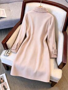 Girls' Fashion Commuter Style Khaki Mid-Length Overcoat, Long Sleeve, Fleece, Fall Clothes, Fall, Holiday Outfits - Khaki - View 2