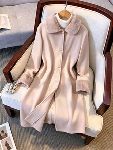 Girls' Fashion Commuter Style Khaki Mid-Length Overcoat, Long Sleeve, Fleece, Fall Clothes, Fall, Holiday Outfits - Khaki - View 7
