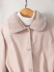 Girls' Fashion Commuter Style Khaki Mid-Length Overcoat, Long Sleeve, Fleece, Fall Clothes, Fall, Holiday Outfits - Khaki - View 3