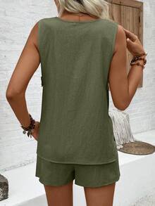 EMERY ROSE 2pcs Women V-Neck Sleeveless Hollow Button Top And Casual Shorts Set - Army Green - View 2
