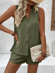 EMERY ROSE 2pcs Women V-Neck Sleeveless Hollow Button Top And Casual Shorts Set - Army Green - View 6