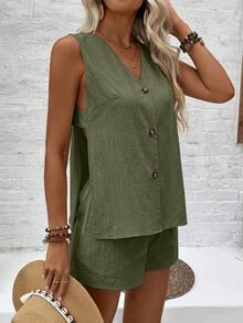 EMERY ROSE 2pcs Women V-Neck Sleeveless Hollow Button Top And Casual Shorts Set - Army Green - View 5