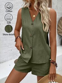EMERY ROSE 2pcs Women V-Neck Sleeveless Hollow Button Top And Casual Shorts Set - Army Green - View 7