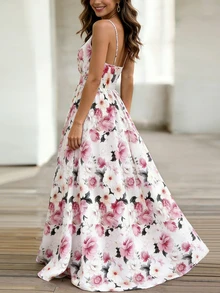 EMERY ROSE Women's V-Neck Floral Print Waist Cinched Long Sleeveless Dress - White - View 2
