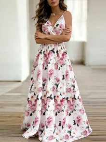 EMERY ROSE Women's V-Neck Floral Print Waist Cinched Long Sleeveless Dress - White - View 6
