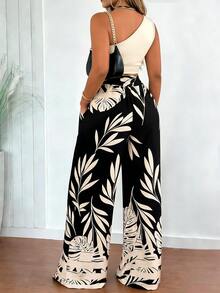 EMERY ROSE Set de 2 piezas: Top ajustado de un solo hombro con cinturón y pantalones rectos estampados para mujer - Albaricoque - Ver 2