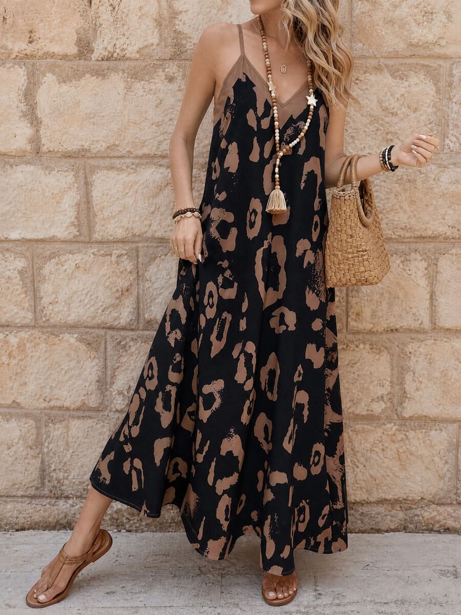 EMERY ROSE Women Leopard Print Sleeveless Dress, Casual Vacation Dress Maxi Vacation Beach Outfit - Black - View 1
