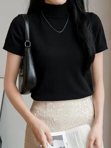 EMERY ROSE Fall Women Clothes Women Solid Color Mock Neck Fitted Short Sleeve Knit Top - Black - View 4