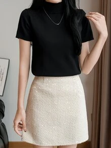 EMERY ROSE Fall Women Clothes Women Solid Color Mock Neck Fitted Short Sleeve Knit Top - Black - View 8