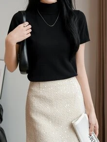 EMERY ROSE Fall Women Clothes Women Solid Color Mock Neck Fitted Short Sleeve Knit Top - Black - View 6
