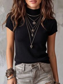 EMERY ROSE Fall Women Clothes Women Solid Color Mock Neck Fitted Short Sleeve Knit Top - Black - View 9