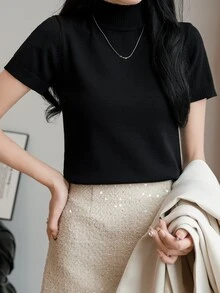 EMERY ROSE Fall Women Clothes Women Solid Color Mock Neck Fitted Short Sleeve Knit Top - Black - View 7