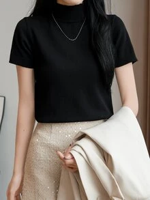 EMERY ROSE Fall Women Clothes Women Solid Color Mock Neck Fitted Short Sleeve Knit Top - Black - View 5