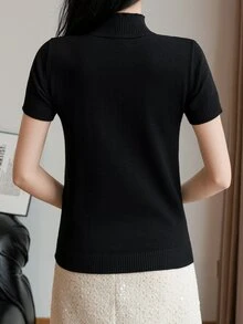 EMERY ROSE Fall Women Clothes Women Solid Color Mock Neck Fitted Short Sleeve Knit Top - Black - View 2