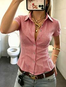 EMERY ROSE Women's Polo Collar Short Sleeve Fitted Shirt - Red - View 5