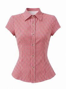 EMERY ROSE Women's Polo Collar Short Sleeve Fitted Shirt - Red - View 7