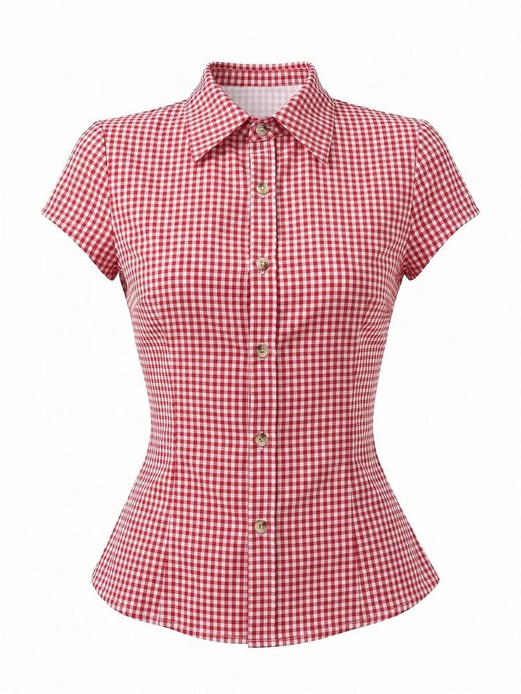 IslaSuriya Women's Polo Collar Short Sleeve Fitted Shirt - Red - View 7