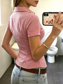 EMERY ROSE Women's Polo Collar Short Sleeve Fitted Shirt - Red - View 2