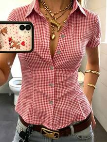 EMERY ROSE Women's Polo Collar Short Sleeve Fitted Shirt - Red - View 3
