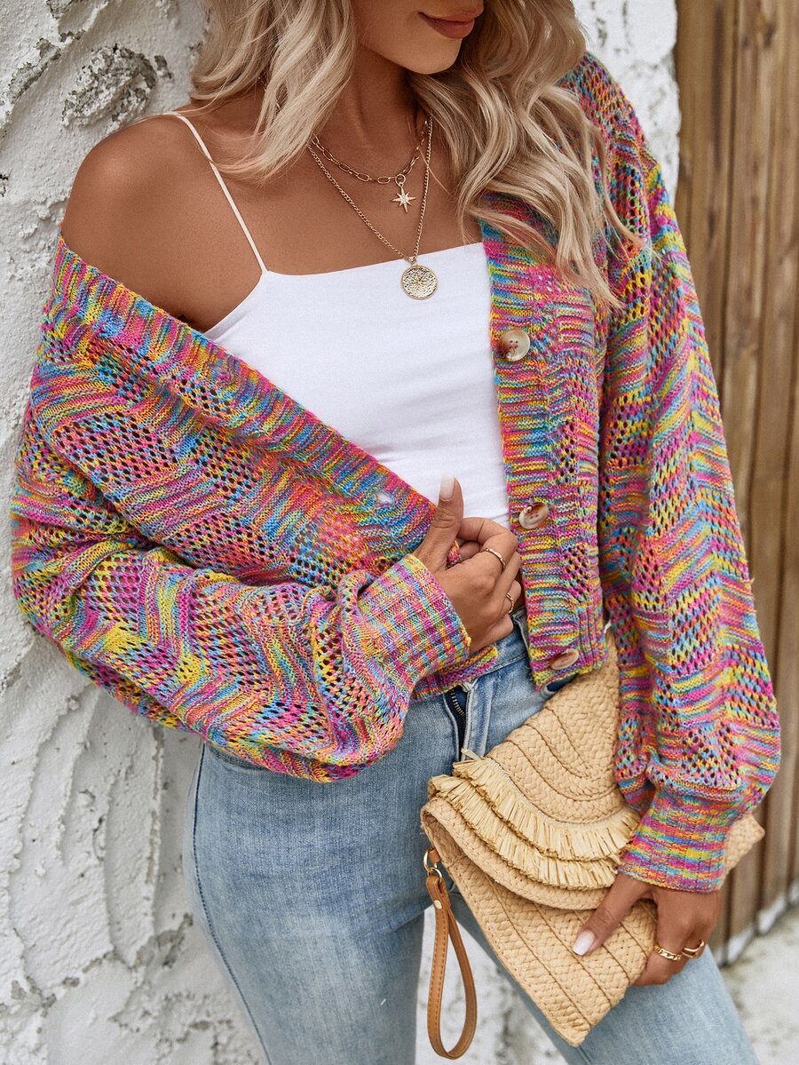 EMERY ROSE Space Dye Drop Shoulder Cardigan,Long Sleeve Tops Fall Winter Cloth For Women - Multicolor - View 1