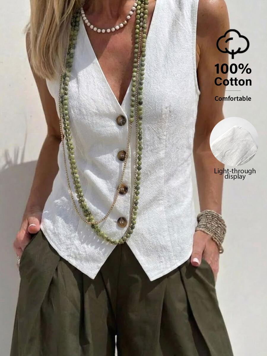 EMERY ROSE Women's Cotton Linen Solid Color Single-Breasted Casual Versatile Vest Top - Beige - View 1