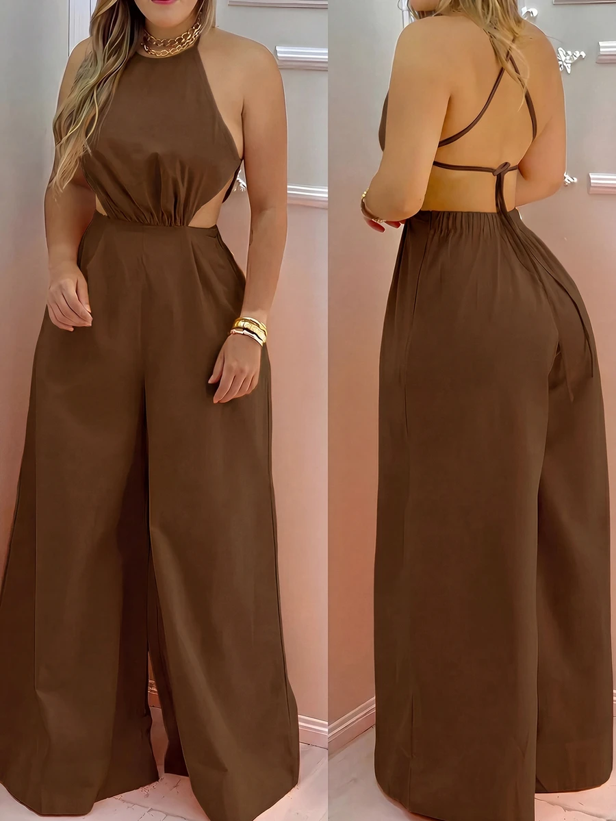 EMERY ROSE Women's Casual Halter Neck Backless Straight Leg Jumpsuit - Coffee Brown - View 1