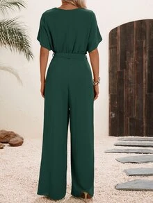 EMERY ROSE Solid Surplice Neck Belted Jumpsuit - Dark Green - View 2
