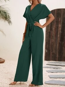 EMERY ROSE Solid Surplice Neck Belted Jumpsuit - Dark Green - View 5