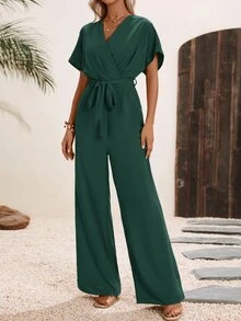EMERY ROSE Solid Surplice Neck Belted Jumpsuit - Dark Green - View 7