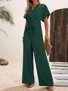 EMERY ROSE Solid Surplice Neck Belted Jumpsuit - Dark Green - View 6