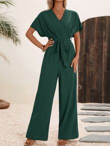 EMERY ROSE Solid Surplice Neck Belted Jumpsuit - Dark Green - View 4