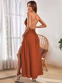 EMERY ROSE Vestido largo con cuello en V profundo y abertura alta, conjunto de vestir de vacaciones y playa para mujeres - Marrón - Ver 2