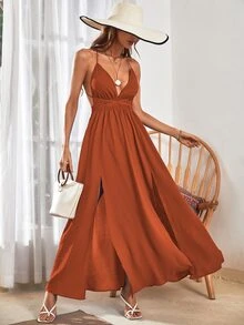 EMERY ROSE Vestido largo con cuello en V profundo y abertura alta, conjunto de vestir de vacaciones y playa para mujeres - Marrón - Ver 6