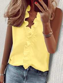 EMERY ROSE Women's Solid Color Pleated Casual Elegant Versatile Daily Wear Shirt Office Yellow Summer - Pale Yellow - View 4
