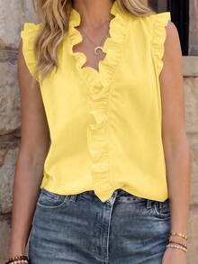 EMERY ROSE Women's Solid Color Pleated Casual Elegant Versatile Daily Wear Shirt Office Yellow Summer - Pale Yellow - View 1