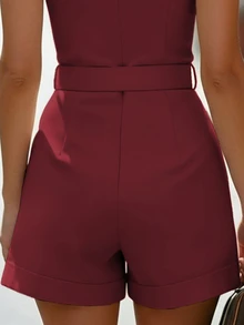 EMERY ROSE Sleeveless Lapel Collar Metal Buckle Cinched Waist Cuffed Shorts Jumpsuit - Burgundy - View 8