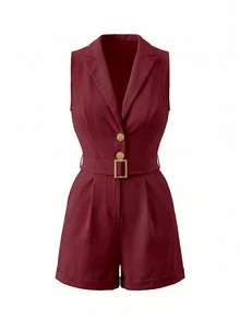 EMERY ROSE Sleeveless Lapel Collar Metal Buckle Cinched Waist Cuffed Shorts Jumpsuit - Burgundy - View 2