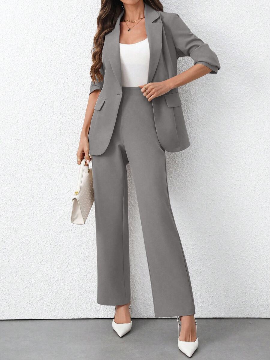 EMERY ROSE Women's Solid Color Lapel Collar Fashion Versatile Business Blazer Jacket + Pants Suit - Grey - View 1