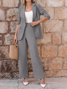 EMERY ROSE Women's Solid Color Lapel Collar Fashion Versatile Business Blazer Jacket + Pants Suit - Grey - View 3