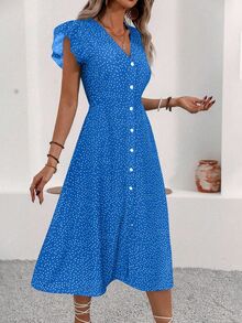 EMERY ROSE Women's Short Sleeve V-Neck Summer Casual Dress - Blue - View 5