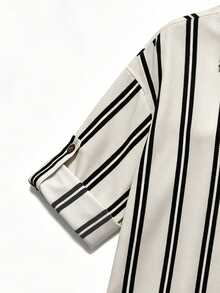 EMERY ROSE Women's Woven Striped Business Casual Boho Summer Blouse Vacation Black And White Striped - Apricot - View 6